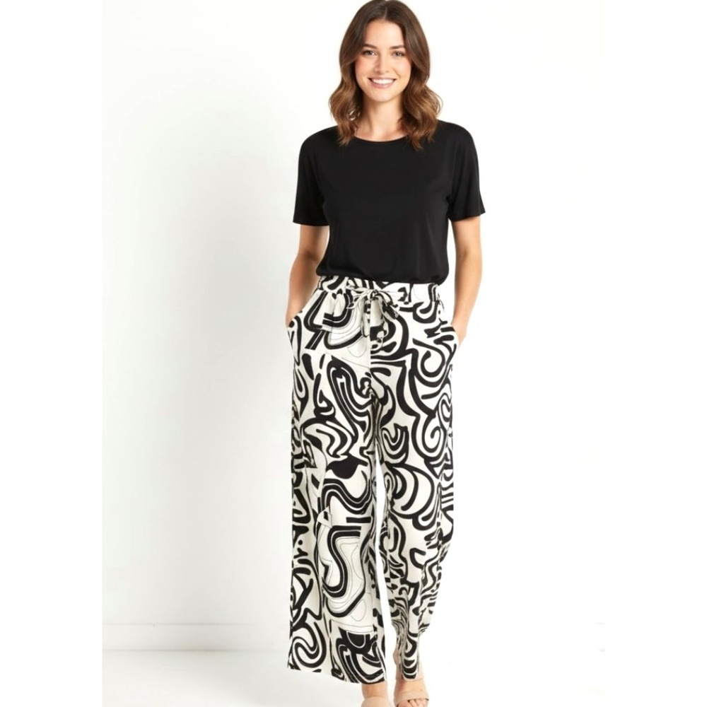 DISSH‎ Women's Wide Leg Pants Abstract Print Tie Waist Palazzo Flowy Boho Chic 4